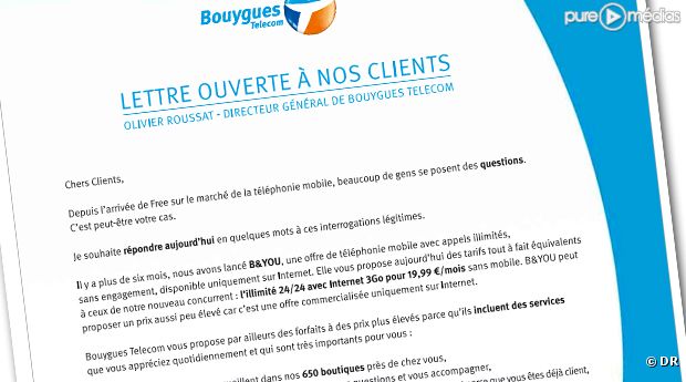 La lettre publiée par Bouygues Télécom dans la presse.