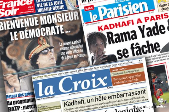 La presse du 10 décembre, hostile à la visite de Kadhafi en France.