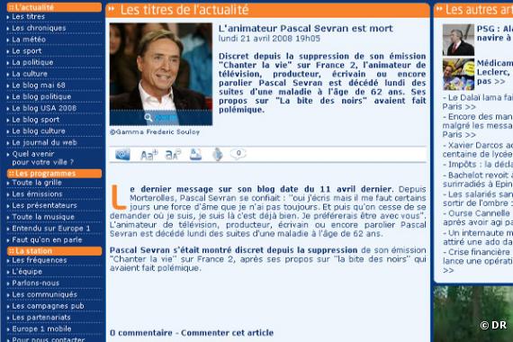 Europe1.fr annonce à 19h05 le décès de Pascal Sevran.