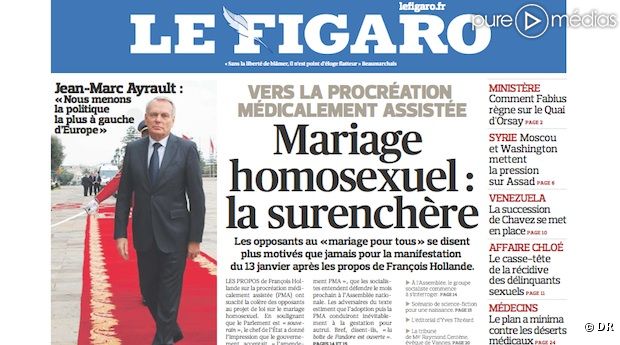La Une du Figaro du 14 décembre 12 : "Mariage homosexuel : la surenchère"
