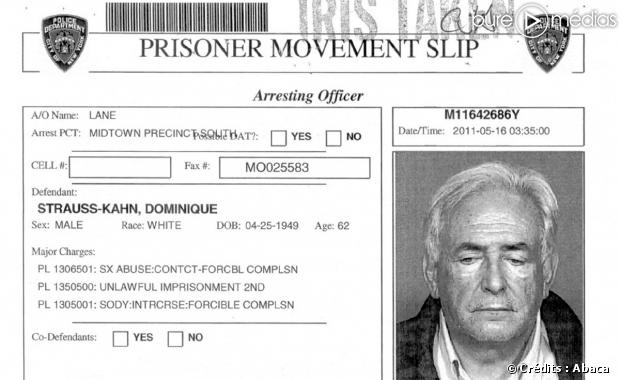 La fiche du prisonnier Dominique Strauss-Kahn.