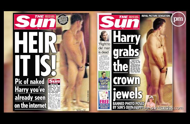 Les deux éditions de The Sun avec le prince Harry nu et sa doublure.