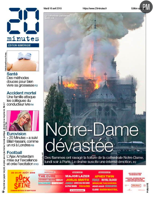 "Notre-Dame dévastée" en Une de "20 Minutes"