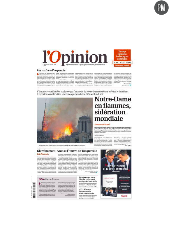 "Notre-Dame en flammes, sidération mondiale" en Une de "L'opinion"