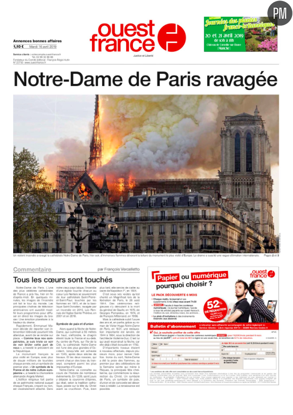 "Notre-Dame de Paris ravagée" en Une de "Ouest France"