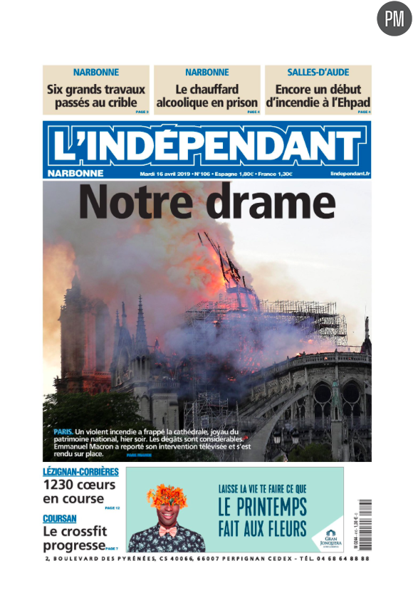 "Notre Drame" en Une de "L'Indépendant"