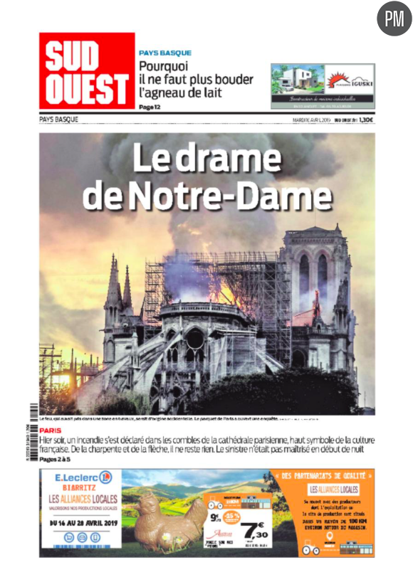 "Le drame de Notre-Dame" en Une de "Sud Ouest"