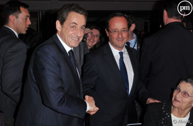 Nicolas Sarkozy et François Hollande, lors du dîner annuel du Crif le 8 février 2012.