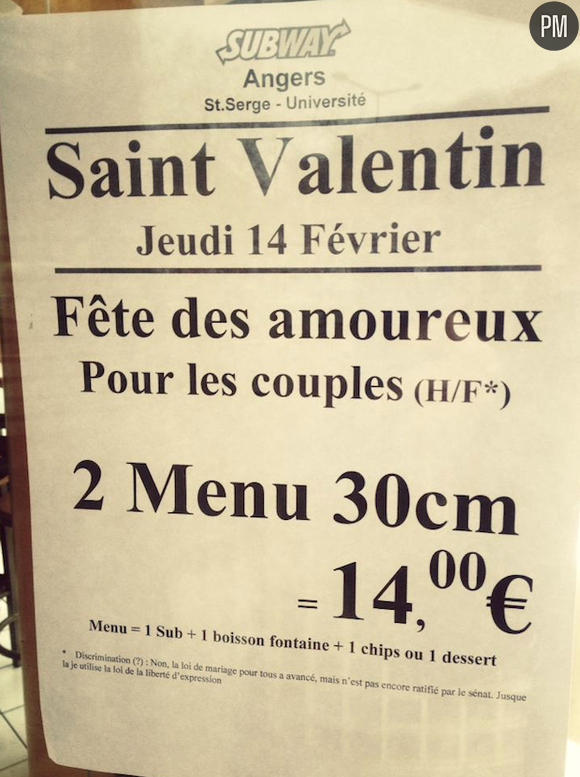 Pour la Saint Valentin, un Subway d'Angers a fait une offre réservée aux couples hétérosexuels.