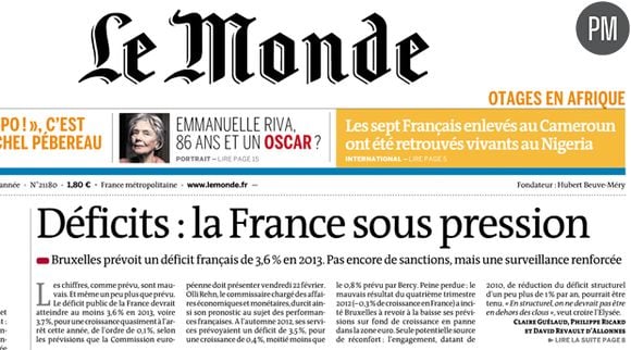 La Une du quotidien "Le Monde" daté du 22 février 2013.