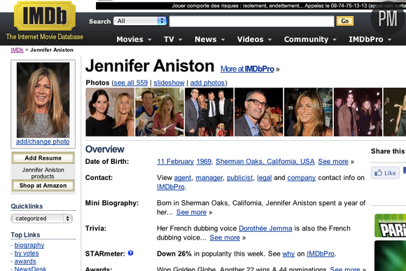 La fiche de Jennifer Aniston sur le site IMDb.