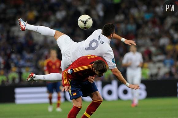 Olivier Giroud, joueur de l'Equipe de France, lors du match face à l'Espagne le 23 juin 2012.