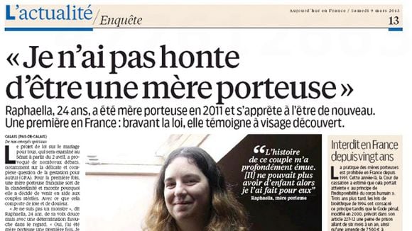 Un témoignage bidon de mère porteuse dans "Le Parisien/Aujourd'hui en France"