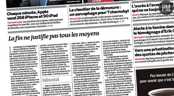 La Une du quotidien "Le Monde", daté du 26 avril 2012.