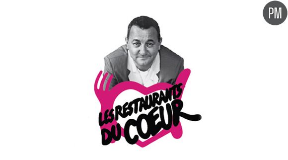 L'affiche de l'association "Les restos du coeur" avec le portrait de Coluche.