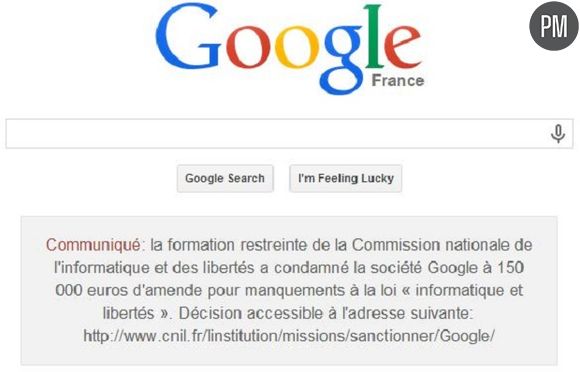 Google.fr affiche le communiqué de condamnation de la CNIL