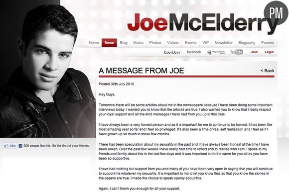 Le coming out de Joe McElderry sur son site officiel