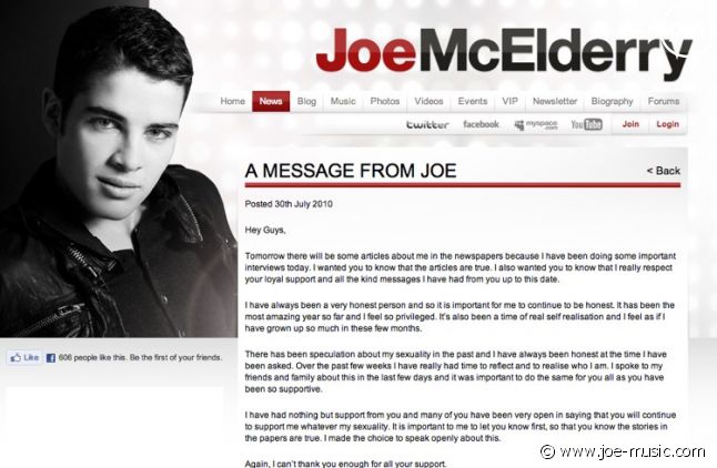 Le coming out de Joe McElderry sur son site officiel