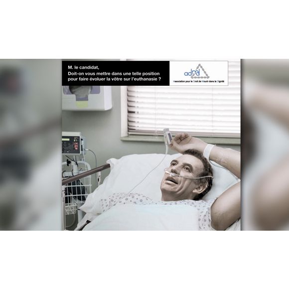 La campagne pour l'euthanasie de l'Association pour le Droit de Mourir dans la Dignité avec François Bayrou.