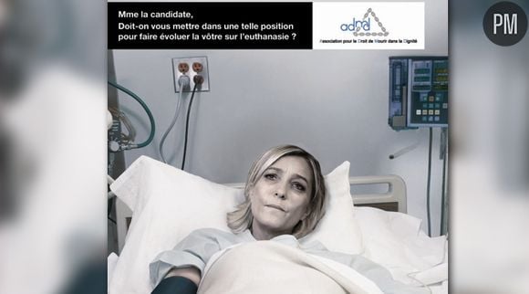 La campagne pour l'euthanasie de l'Association pour le Droit de Mourir dans la Dignité avec Marine Le Pen.