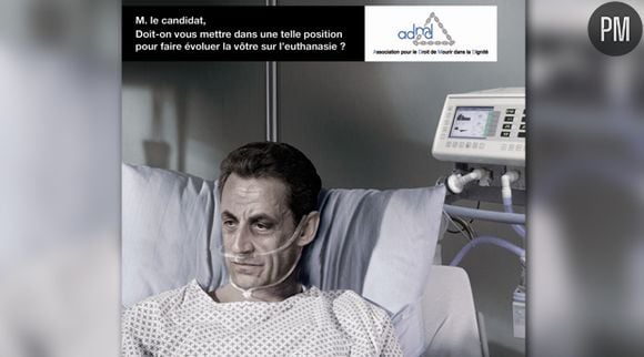 La campagne pour l'euthanasie de l'Association pour le Droit de Mourir dans la Dignité avec Nicolas Sarkozy.