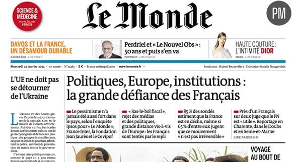 La Une du Monde, daté du 22 janvier 2014.