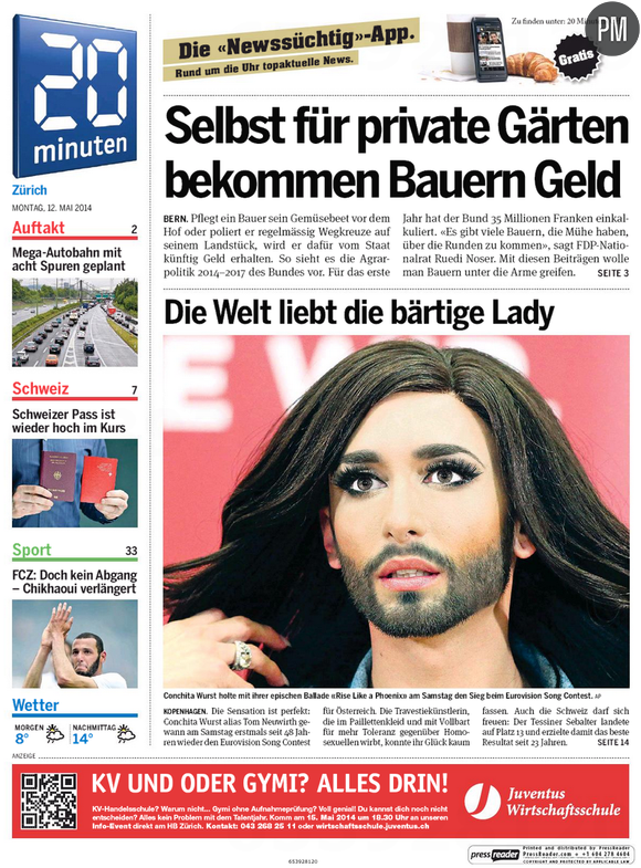 Conchita Wurst à la Une de l'édition zurichoise de "20 Minutes"