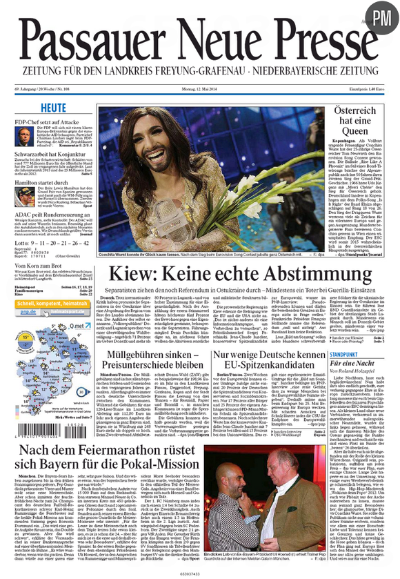 Conchita Wurst à la Une des journaux régionaux allemands "Passauer Neue Presse"