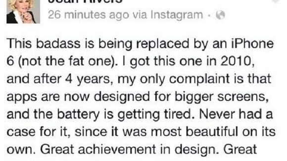 Quinze jours après sa mort, Joan Rivers fait la pub de l'iPhone 6 sur Facebook