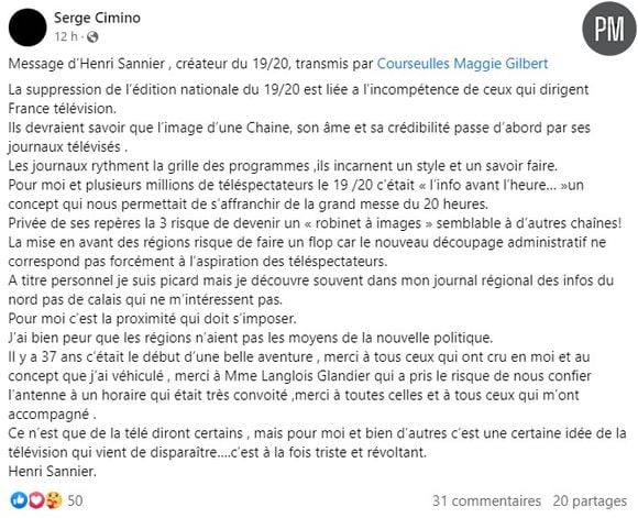 Le message d'Henri Sannier à la suite de la suppression des éditions nationales du "12/13" et du "19/20".