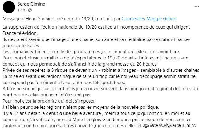 Le message d'Henri Sannier à la suite de la suppression des éditions nationales du "12/13" et du "19/20".