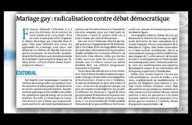 L'éditorial en faveur du mariage pour tous publié dans "Le Monde" le 15 avril 2013.