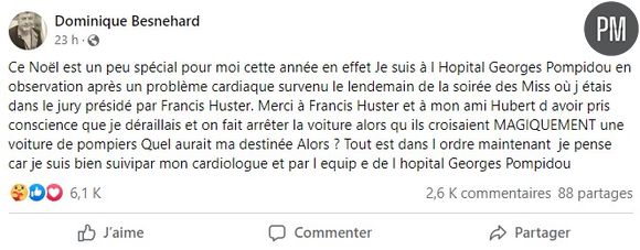 Un message de Dominique Besnehard publié le 25 décembre 2022 sur Facebook