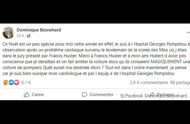 Un message de Dominique Besnehard publié le 25 décembre 2022 sur Facebook