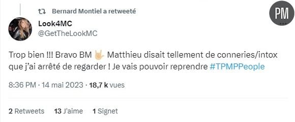 Un des nombreux tweets désagréables à l'endroit de Matthieu Delormeau retweetés par Bernard Montiel.