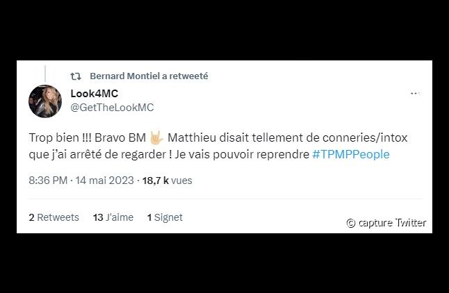 Un des nombreux tweets désagréables à l'endroit de Matthieu Delormeau retweetés par Bernard Montiel.