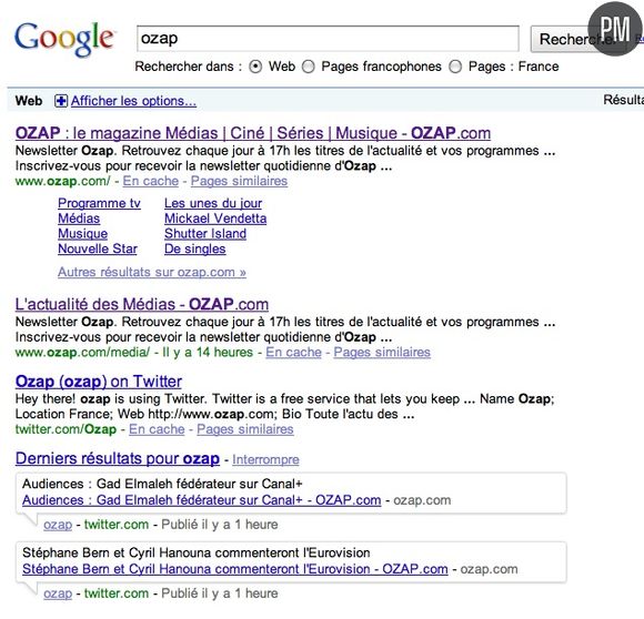 Une requête "Ozap" dans Google le 20 mars 2010.