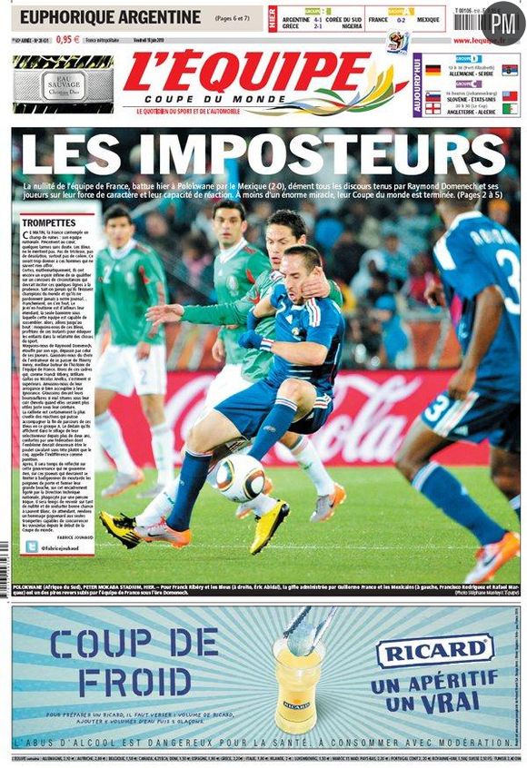 La Une de L'Equipe du 18 juin 2010