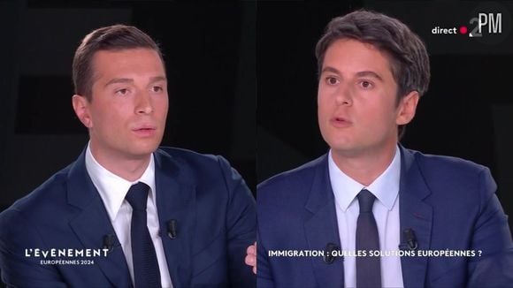 À moins de trois semaines des élections européennes 2024, Jordan Bardella (Rassemblement national) et le Premier ministre, Gabriel Attal, ont débattu sur le plateau de "L'événement" ce jeudi 23 mai 2024 sur France 2.