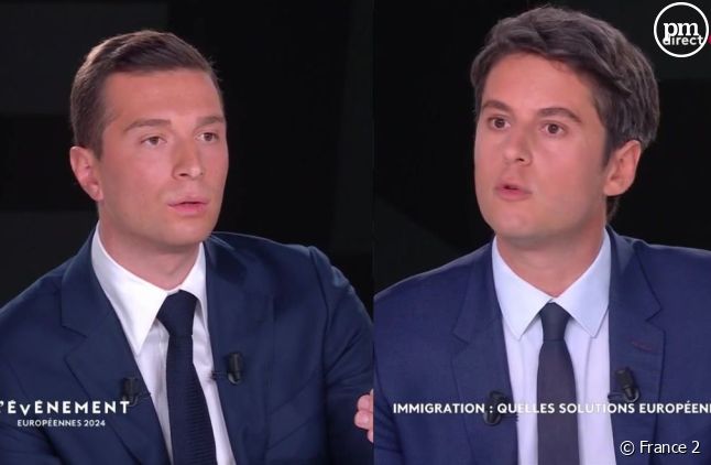 À moins de trois semaines des élections européennes 2024, Jordan Bardella (Rassemblement national) et le Premier ministre, Gabriel Attal, ont débattu sur le plateau de "L'événement" ce jeudi 23 mai 2024 sur France 2.