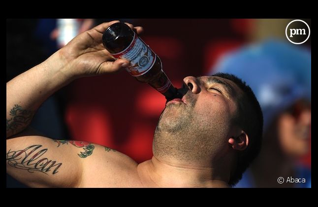 Un supporter de football boit une bouteille de <span class="standardtextnolink">Budweiser dans les tribunes de la Coupe du monde, en 2010<br /></span>