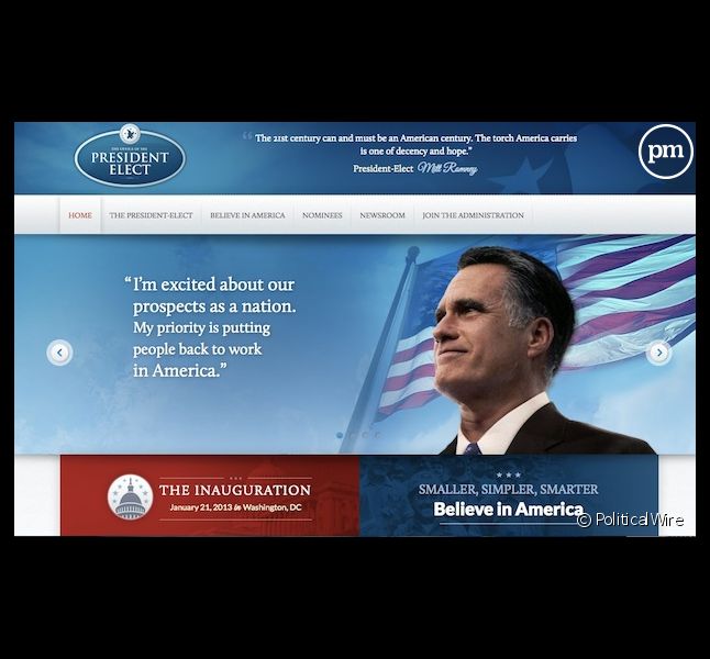 Le site de Mitt Romney en cas de victoire à la présidentielle américaine