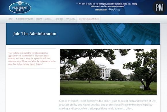 Le site de Mitt Romney en cas de victoire à la présidentielle américaine