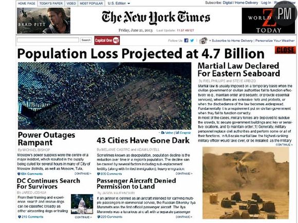 Publicité pour "World War Z" en Une du site internet du New York Times, le 21 juin dernier