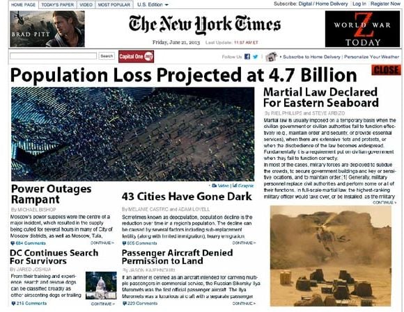 Publicité pour "World War Z" en Une du site internet du New York Times, le 21 juin dernier