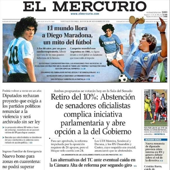 Diego Maradona en Une du "Mercurio".