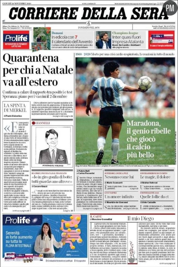 Diego Maradona en Une du "Corriere della Sera".