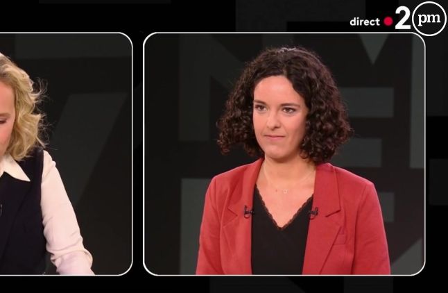 Manon Aubry dans "L'événement : l'interview" le mardi 9 avril 2024 sur France 2.