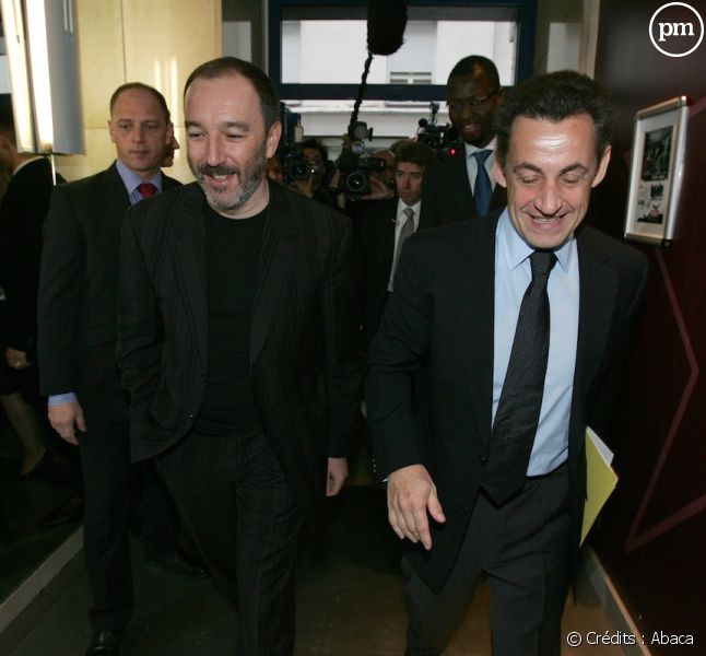 Pierre Bellanger et Nicolas Sarkozy en 2007 dans les studios de Skyrock.