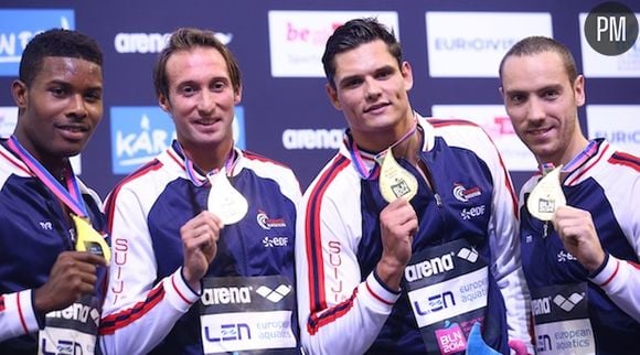 Mehdy Metella, Fabien Gilot, Florent Manaudou, Jeremy Stravius ont remporté le 4X100m